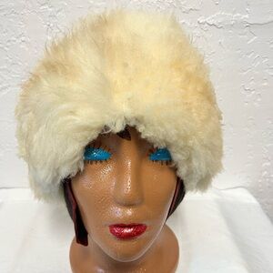 Vintage 1960s North King Natural Lamb Fur Pillbox Hat w/ Ear Flaps